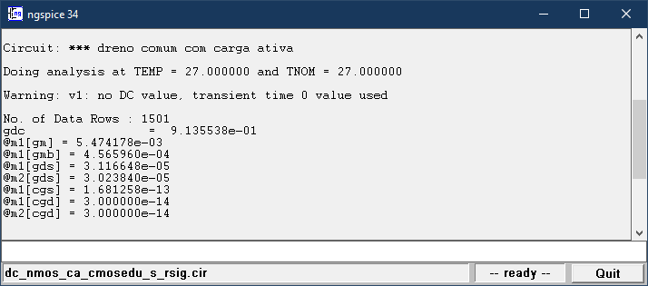 Dreno comum: log do NGSpice com resultados da simulação AC. Sem $\rsig$.