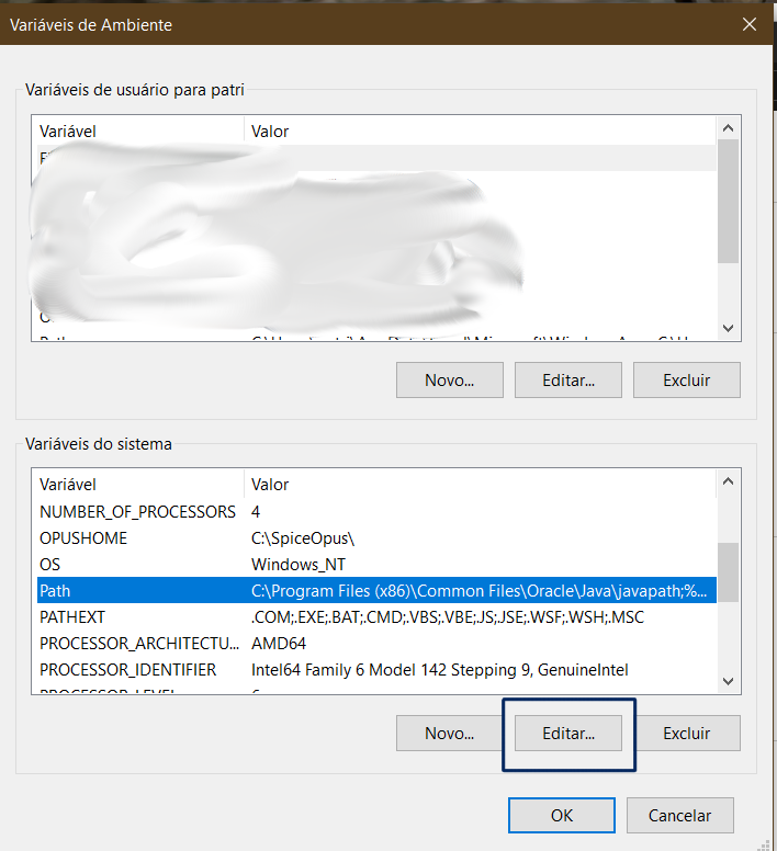 Edição de Variável de Ambiente no Windows 10